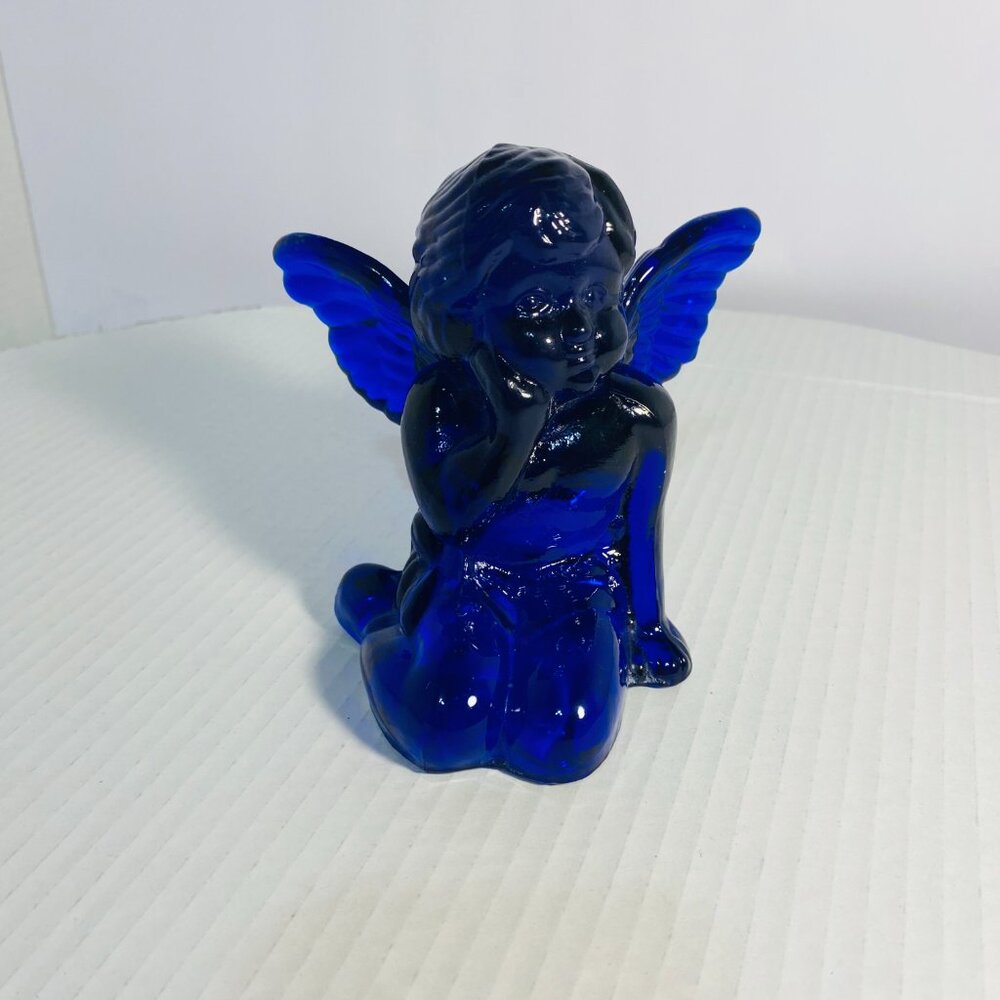 VTG Two Cobalt Blue Glass Sitting Angel Cherub Taper Candle Holders 5"x 5"x 5" - Picture 8 of 17